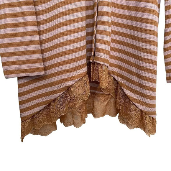 LOGO by Lori Goldstein Waffle Knit Cardigan Stripe Lace Trim Size Large - Picture 3 of 6